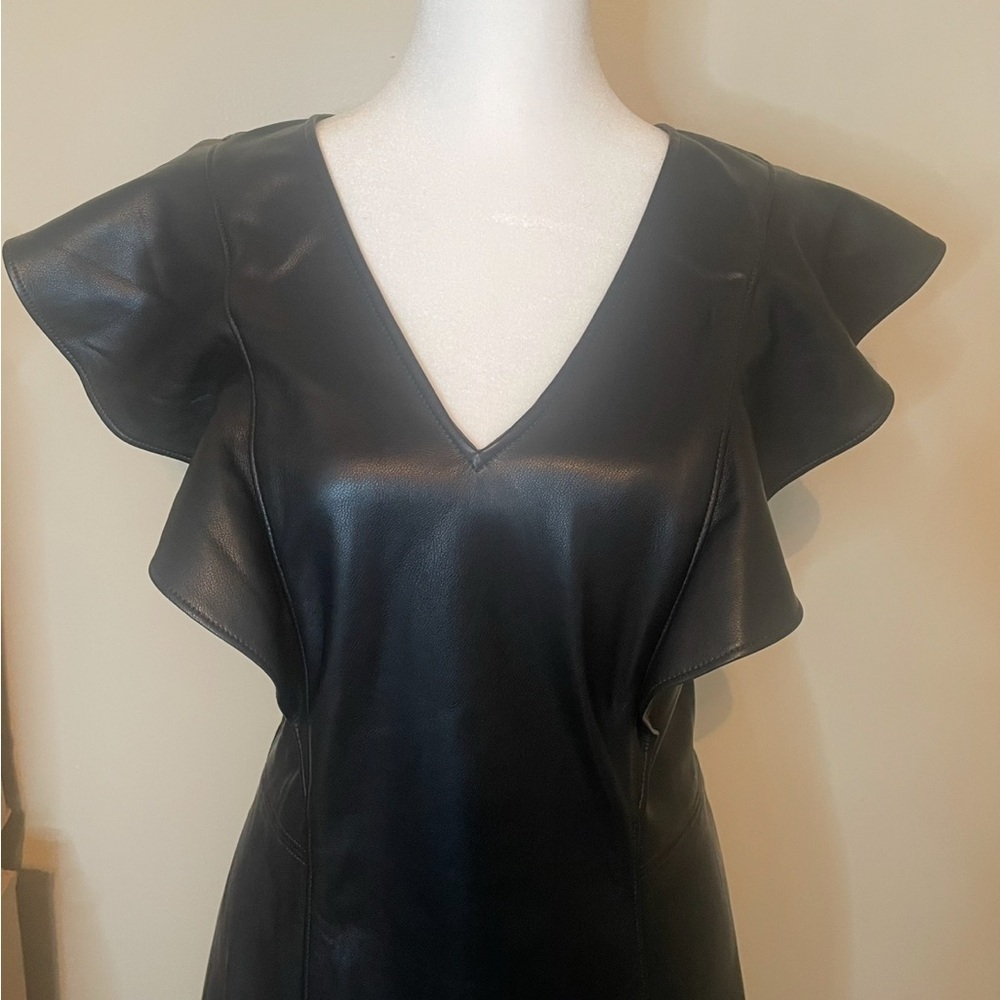 GAP, Vegan Leather, Flutter Sleeve, V-Neck ‎ A-Line Mini Dress, Black Sz 10 Tall - Picture 5 of 15